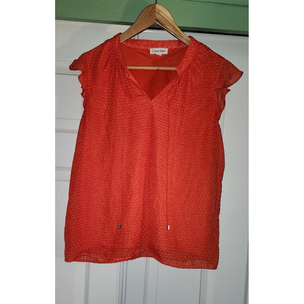Calvin Klein Womens Orange Clip Dot V-Neck Flutter Sleeve Tie Blouse Size M